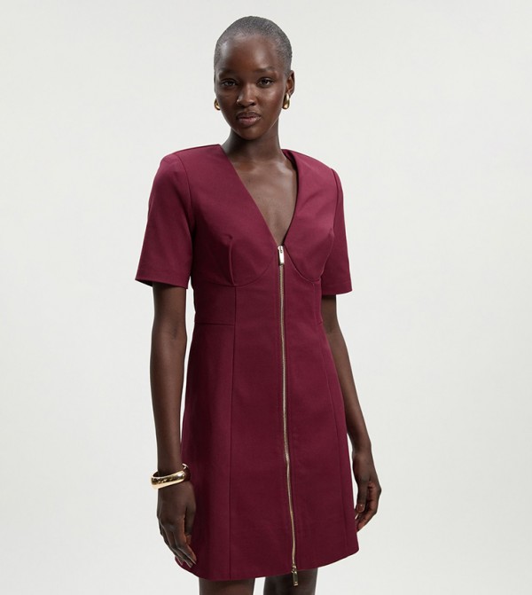 Techno Short Sleeves Zip Detail Mini Dress