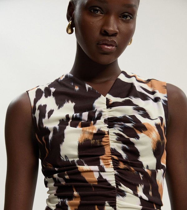 Animal Print Crepe Ruched Sleeveless Top
