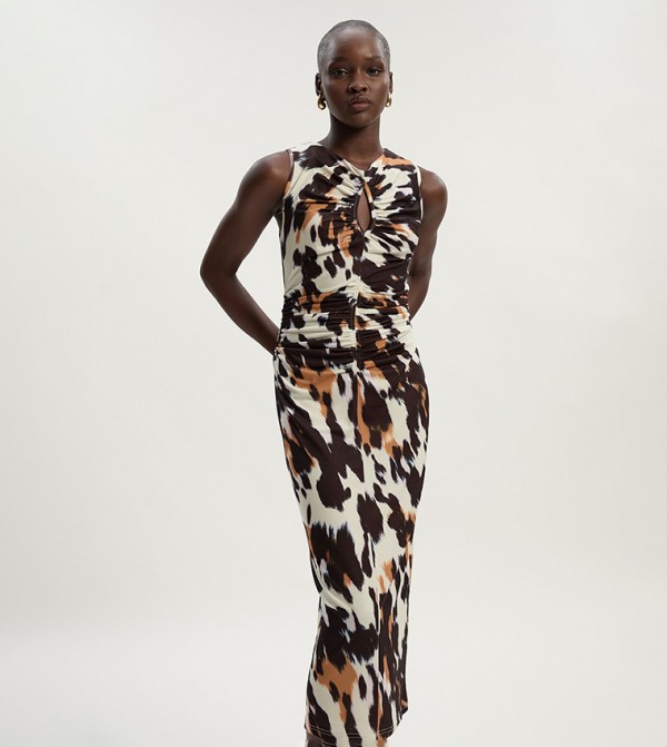 Animal Print Crepe Keyhole Neck Midi Dress