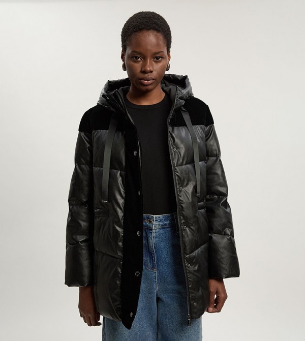 Faux Leather Padded & Velvet Mix Hooded Coat