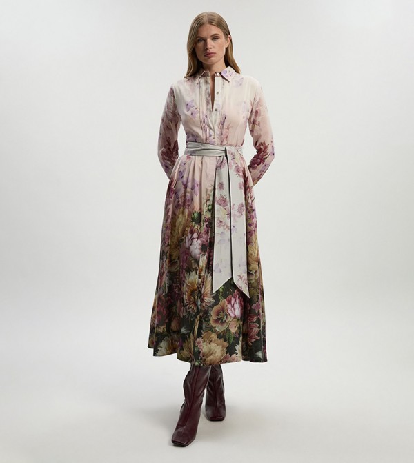 Floral Print Silk Cotton Long Sleeves Woven Midaxi Dress