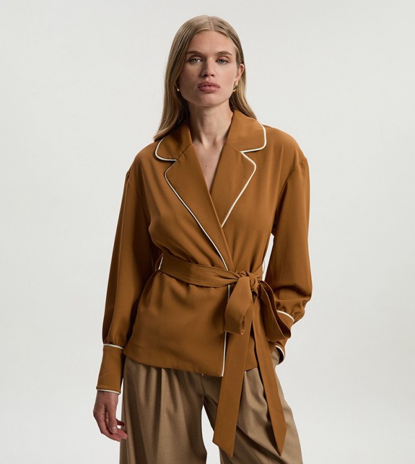 Contrast Tipping Tie Waist Woven Jacket