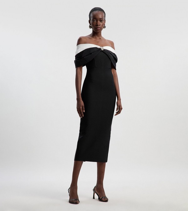 Petite Off Shoulder Sheath Midi Dress