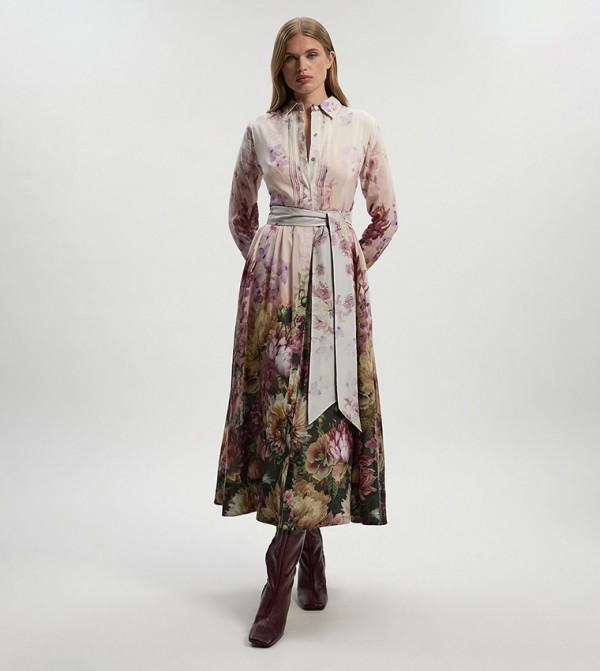 Petite Printed Silk Long Sleeves Maxi Dress