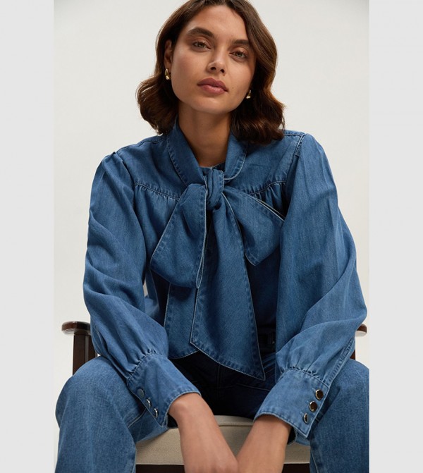 Pussybow Long Sleeves Denim Top