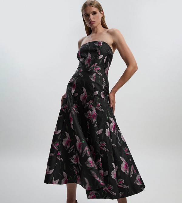 Floral Jacquard Bandeau Midi Dress