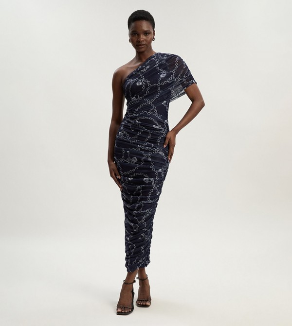 Chain Print Mesh One Shoulder Midi Dress