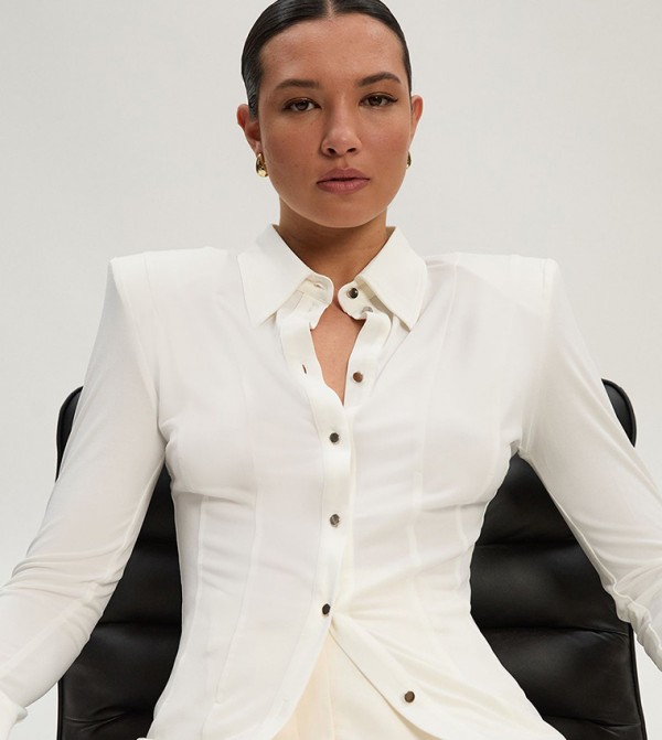 Power Shoulder Drapey Crepe Seam Detail Shirt