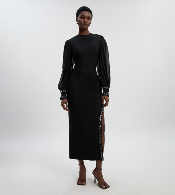 Petite Embellished Figure Form and Chiffon Sleeves Midi Dress