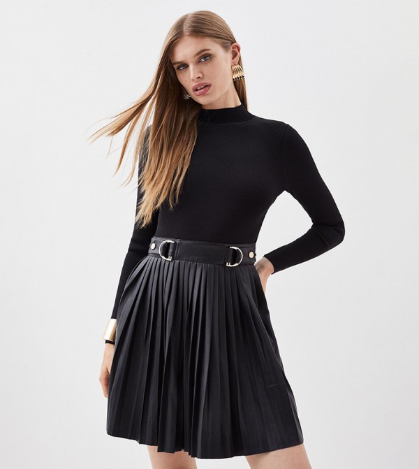 Knitted Skater Dress with PU Detailing