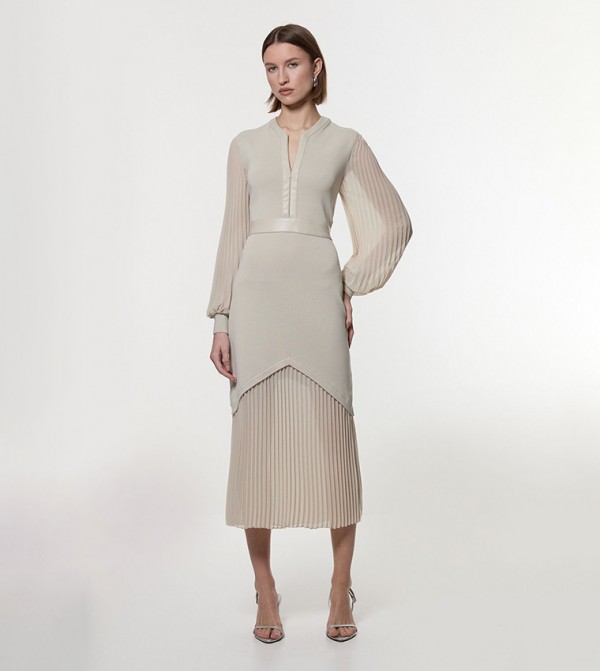 Petite Woven Sleeves Pleated Midi Dress