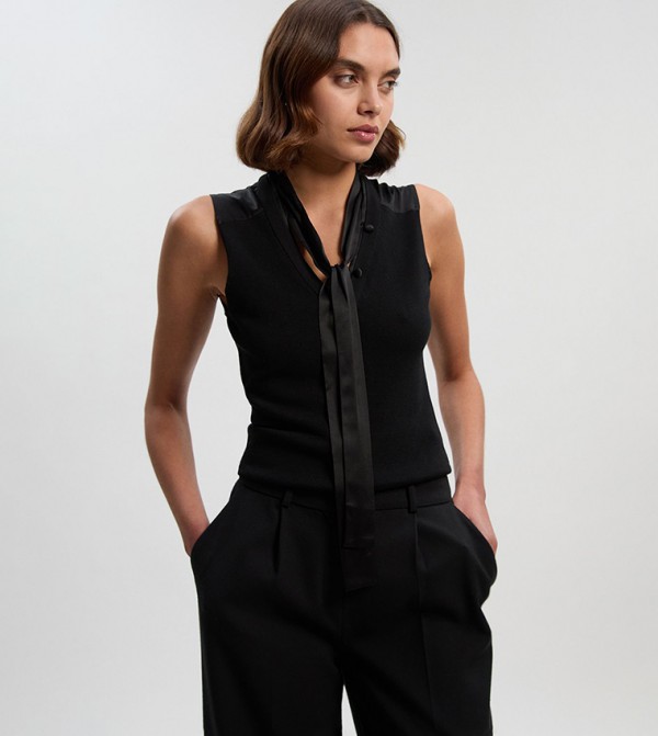 Tie Neck Woven and Knit Mix Top