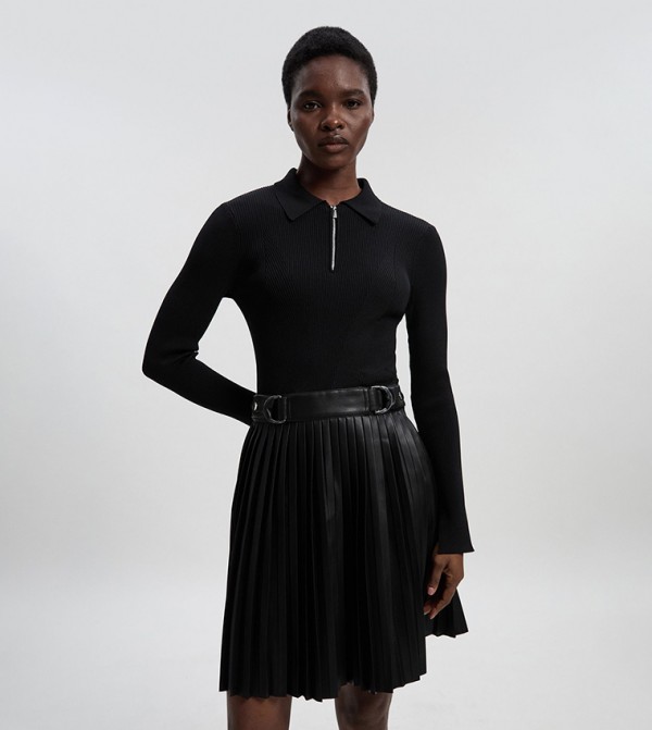 Tall Knitted Zipper Neck PU Mix Pleated Mini Dress