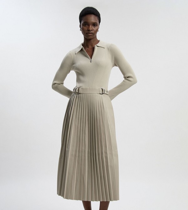 Knitted Zipper Neck Pu Mix Pleated Midi Dress
