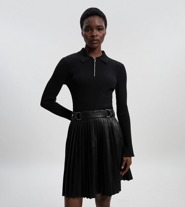 Knitted Zipper Neck Pu Mix Pleated Mini Dress