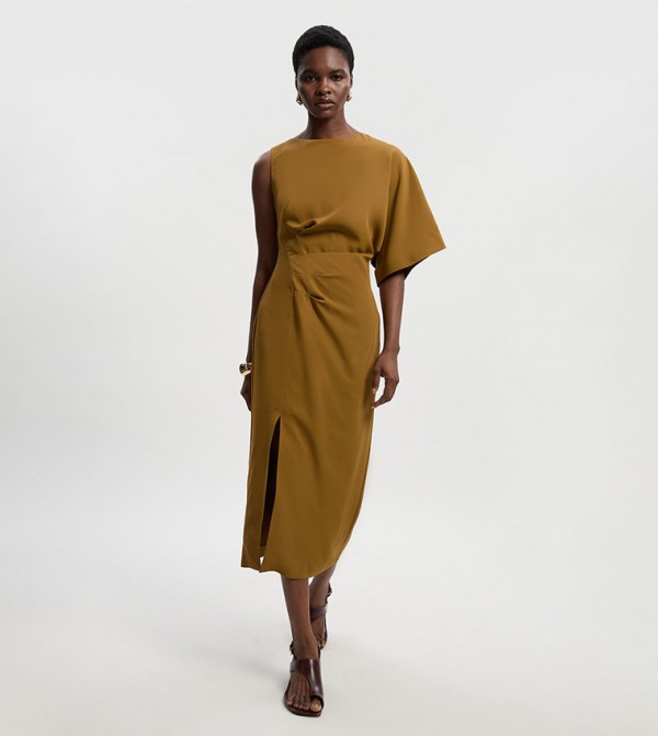 Soft Tailored Asymmetric Sleeves Midi Dress