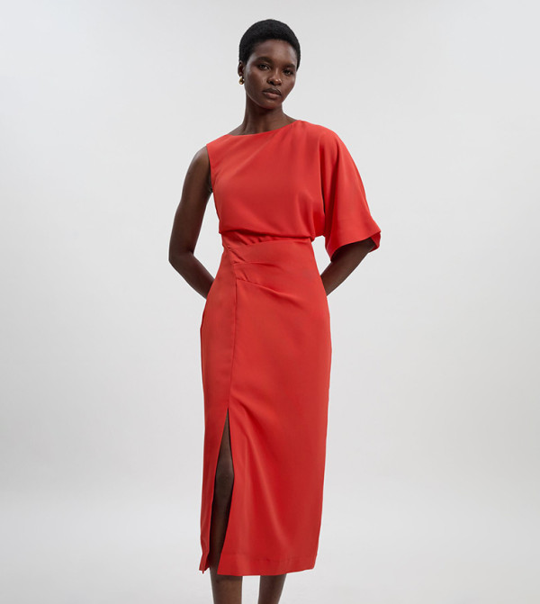 فستان ميدي ناعم كم غير متماثل