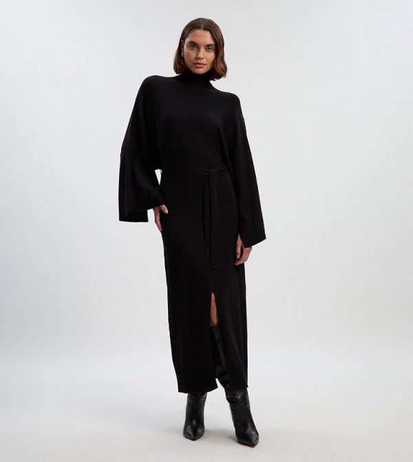Viscose Blend Funnel Neck Belted Knitted Midi Dress