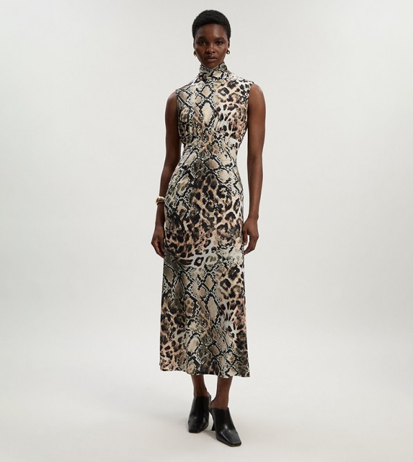Printed High Neck Jersey Crepe Maxi Dress