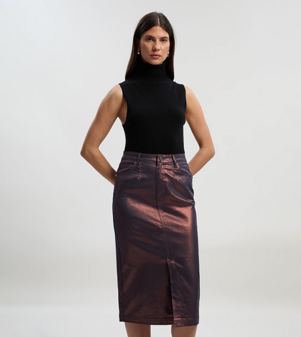 Metallic Coated Denim Pencil Midi Skirt