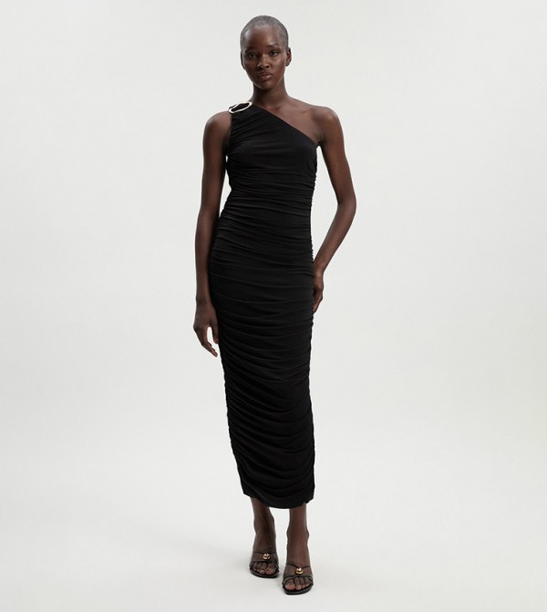 One Shoulder Drapey Crepe Trim Detail Ruched Maxi Dress
