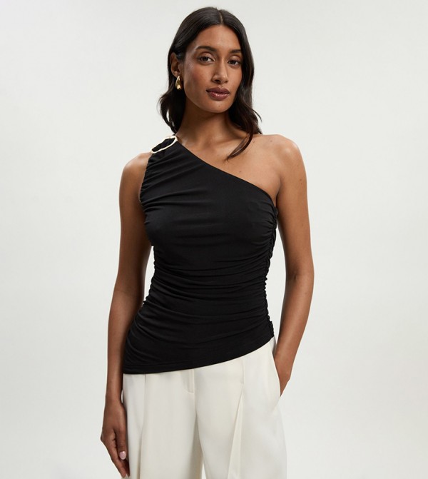 One Shoulder Drapey Crepe Trim Detail Ruched Top