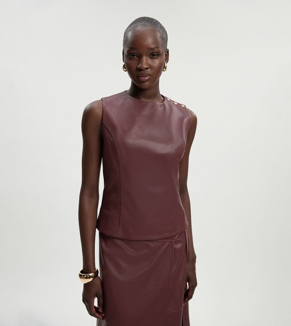 Faux Leather Button Sleeveless Top