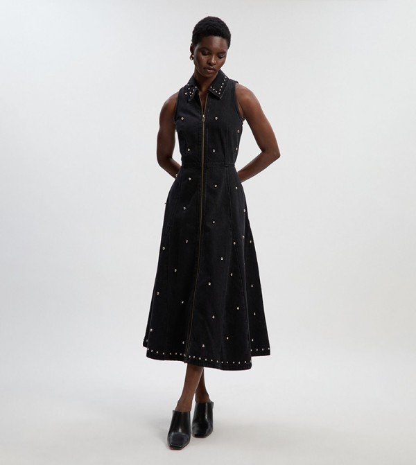 Studded Sleeveless Denim Midi Dress