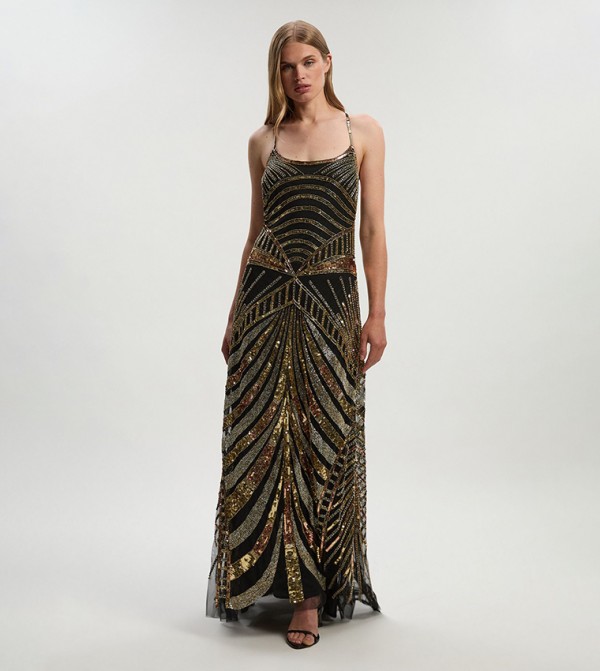 Petite Mirrored Crystal Embellished Woven Prom Maxi Dress
