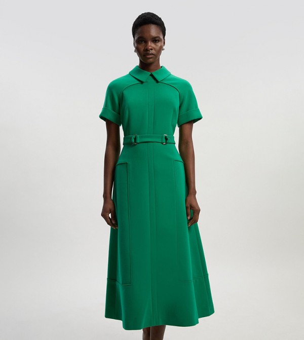Solid Collared Short Sleeves Midi Dress