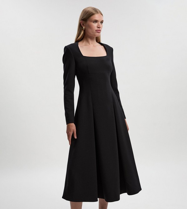 Petite Solid Square Neck Long Sleeves Midi Dress
