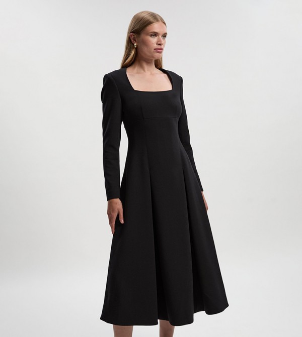Solid Square Neck Long Sleeves Midi Dress