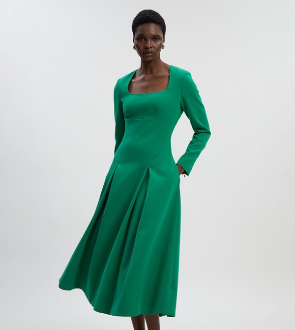 Solid Square Neck Long Sleeves Midi Dress