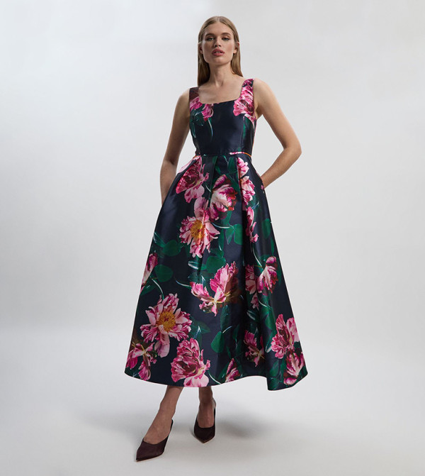 Romantic Floral Printed Prom Woven Maxi Dress