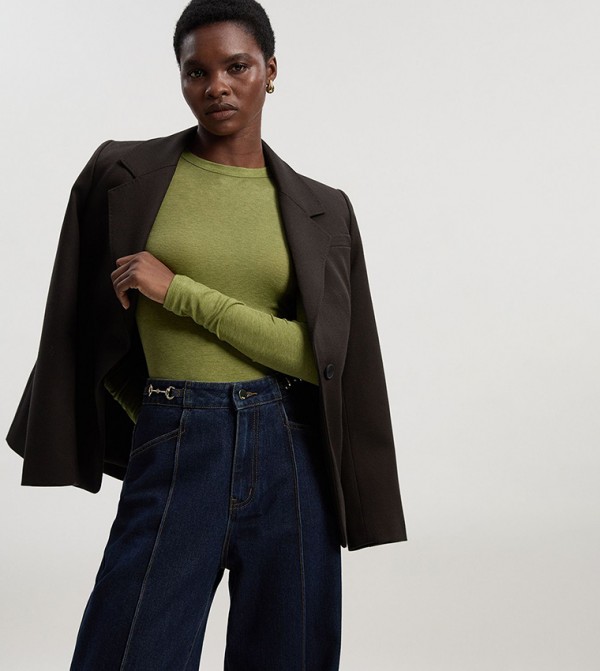 توب مزيج صوف بياقة مستديرة وكم طويل