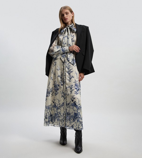 Floral Print Tie Neck Woven Balloon Sleeves Midaxi Dress
