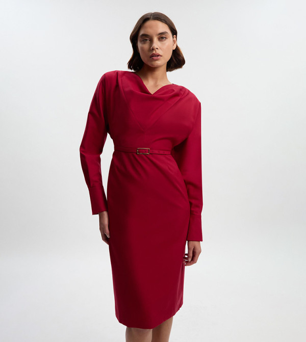 Polished Cowl Neck Tailored Pencil Midi Dress