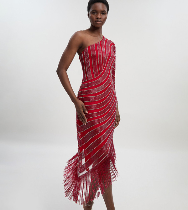 Thigh High Split Embellished Woven Fringed Midi Dress