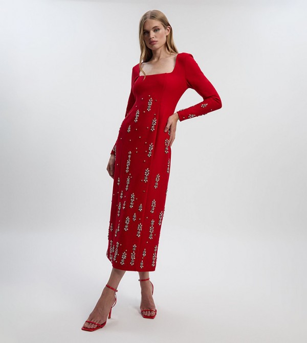 فستان ميدي كم طويل بكريستالات للمقاسات الصغيرة 