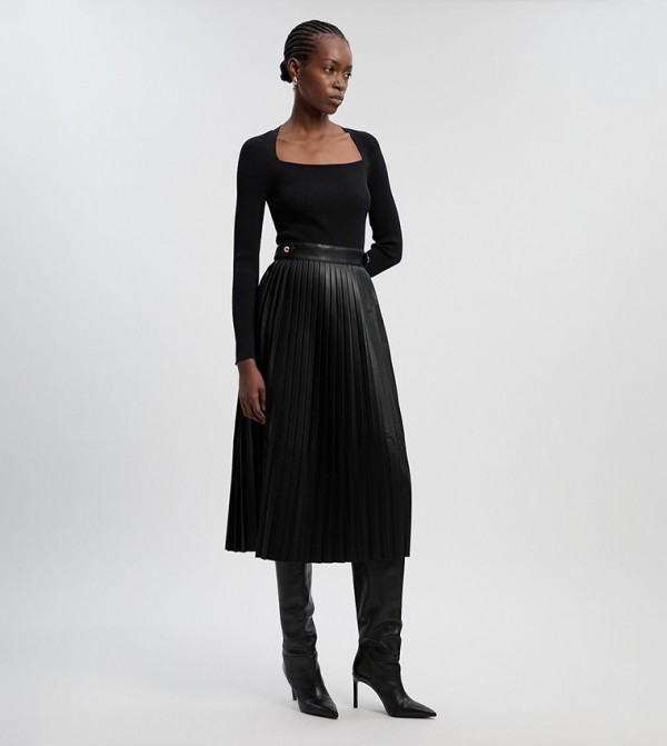 Viscose Ribbed PU Mix Tab Detail Pleated Knit Mini Dress