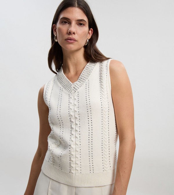 Embellished V-Neck Knitted Sweater Vest