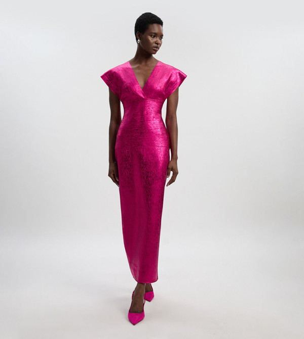 Foil Metallic Figure Form Angel Sleeves Knit Maxi Dress