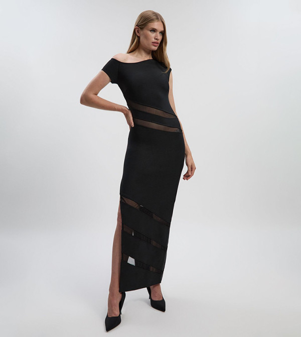Asymmetric Shoulder Mesh Panel Maxi Dress