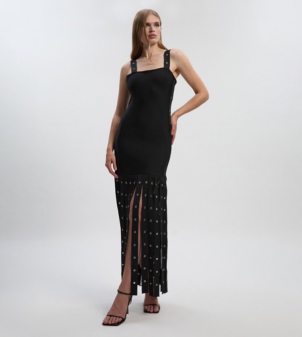 Eyelet Detail Strappy Fringed Maxi Dress