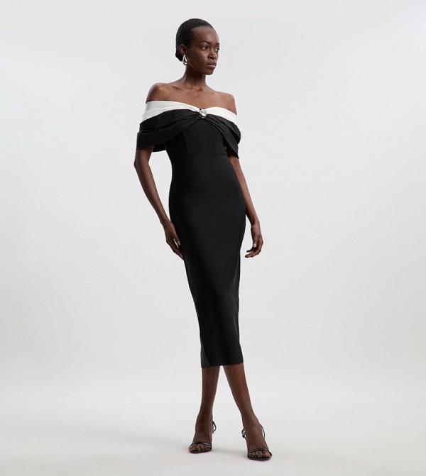 Petite Taffeta Bardot Bodycon Midi Dress