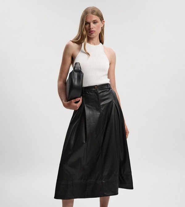 Faux Leather Tailored Midi Skirt