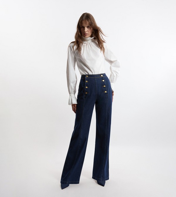 Petite Denim Tailored Button Front Straight Fit Jeans