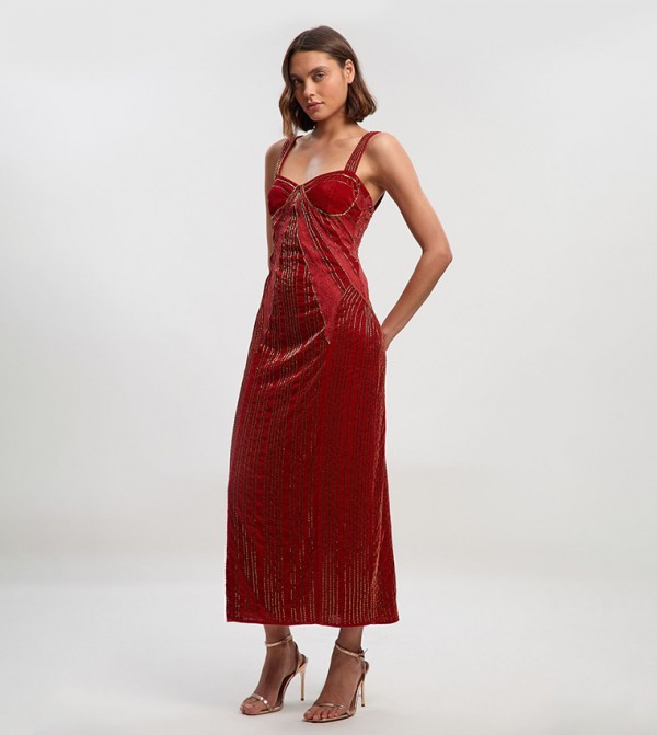 Velvet Embellished Strappy Midi Dress