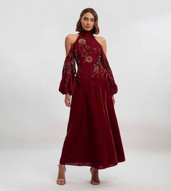 Velvet Cold Shoulder 3D Floral Applique Woven Maxi Dress