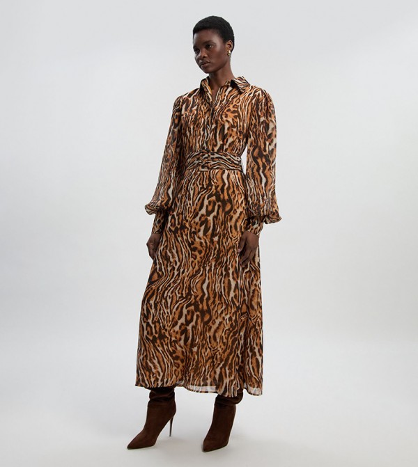 فستان قميص ميدي بطبعة وحزام